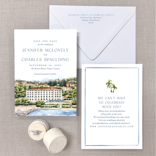 Brown House, Trogir, Croatia, Watercolor Venue Save The Dates