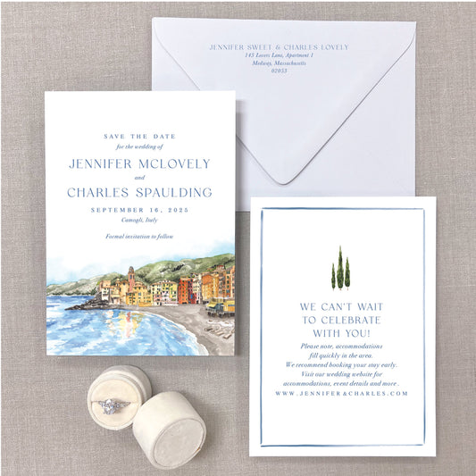Camogli, Italy, Watercolor City Scene Save The Dates