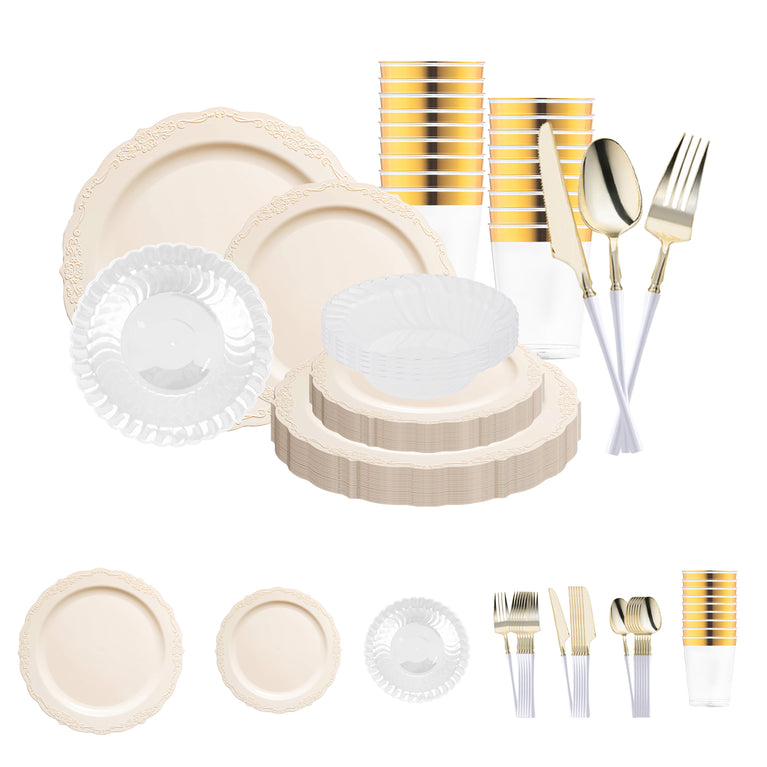 Ivory Vintage Disposable Plastic Tableware Set