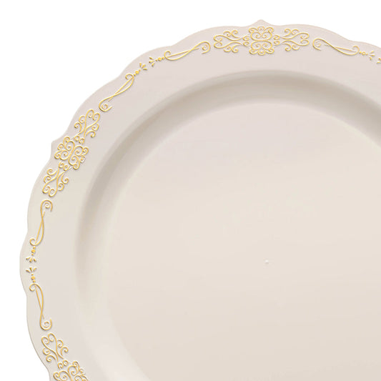 Ivory with Gold Vintage Rim Round Disposable Plastic Appetizer/Salad Plates (7.5")