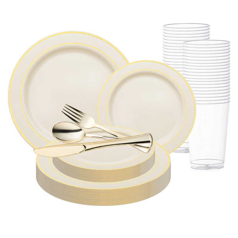 Ivory with Gold Edge Rim Plastic Wedding Value Set
