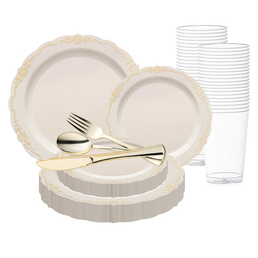 Ivory with Gold Vintage Rim Round Disposable Plastic Wedding Value Set