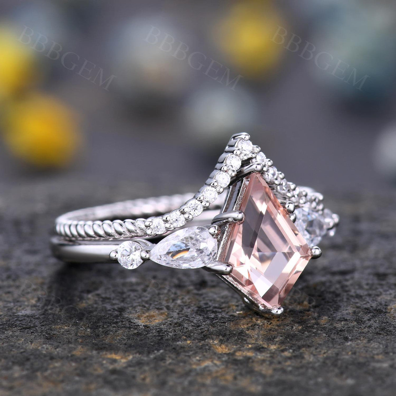 Kite-Shaped Step Cut Peach Morganite Stone Wedding Ring Set White Gold Jewelry