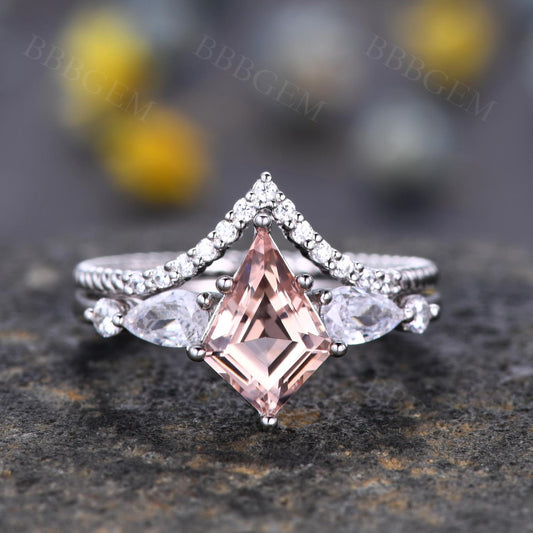 Kite-Shaped Step Cut Peach Morganite Stone Wedding Ring Set White Gold Jewelry