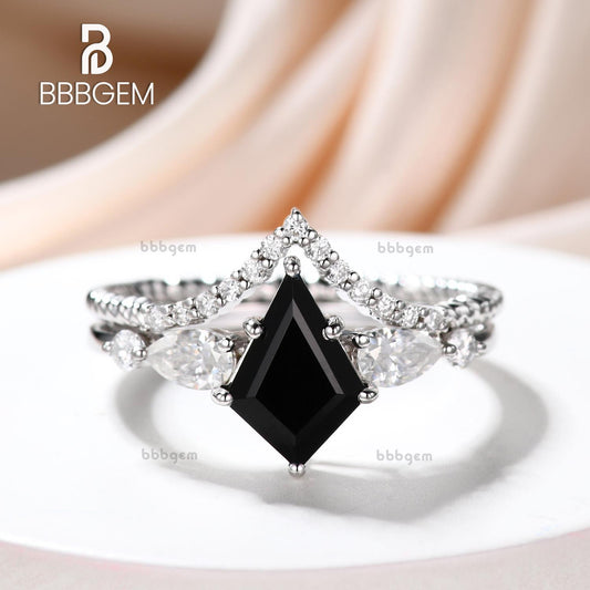 Geometric Black Onyx Ring Kite Ring Set with Women Curve Stacker Diamond Band