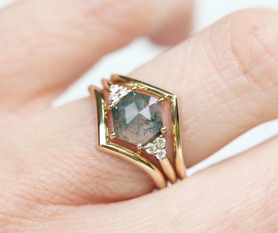 Klara Hexagon Moss Agate Ring with Diamonds