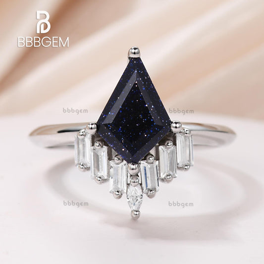 Knife-Edge Kite Blue Sandstone Engagement Ring Vintage Blue Goldstone Horizontal Baguette Moissanite Statement Ring