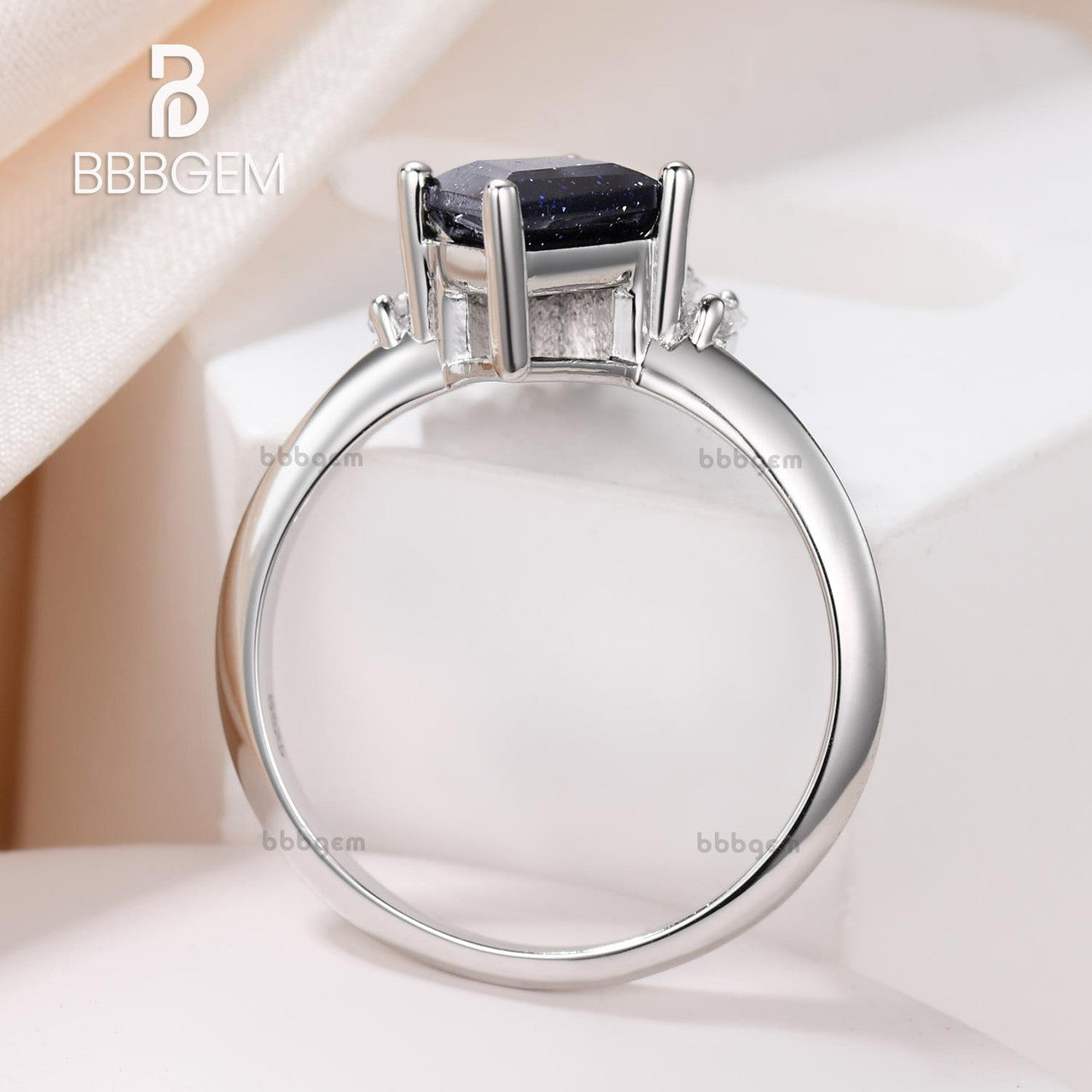 Knife-Edge Kite Blue Sandstone Engagement Ring Vintage Blue Goldstone Horizontal Baguette Moissanite Statement Ring