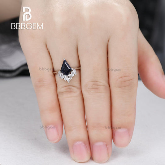 Knife-Edge Kite Blue Sandstone Engagement Ring Vintage Blue Goldstone Horizontal Baguette Moissanite Statement Ring