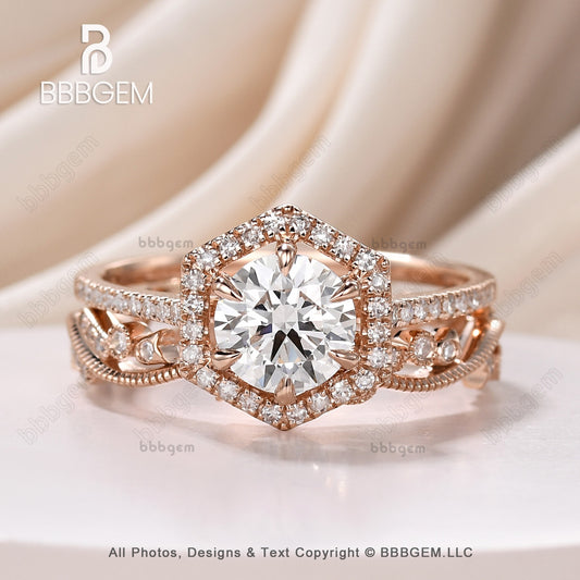 1.2 Carat 7mm Round Halo Lab Grown Diamond Engagement Ring Set VS Grade Vintage Bridal Ring IGI Certified