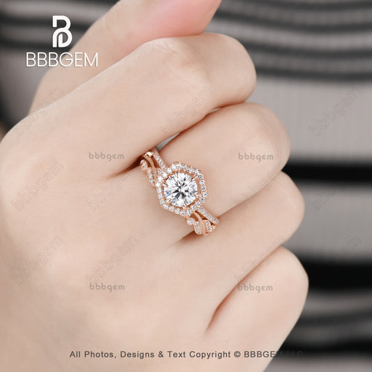 1.2 Carat 7mm Round Halo Lab Grown Diamond Engagement Ring Set VS Grade Vintage Bridal Ring IGI Certified