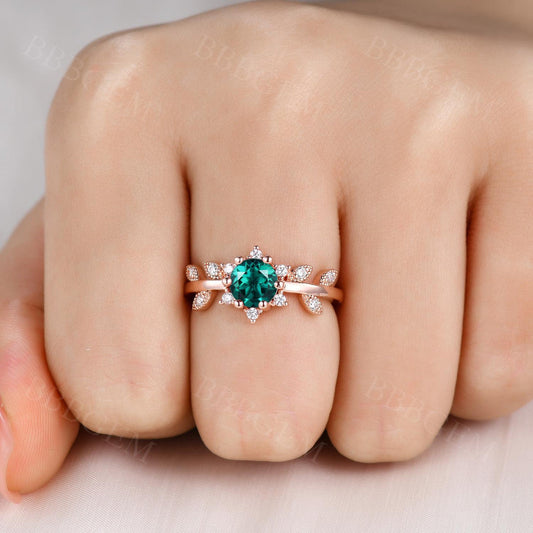 Emerald Leaf Engagement Rings for Women Green Emerald Leaves Ring Anniversary