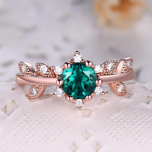 Emerald Leaf Engagement Rings for Women Green Emerald Leaves Ring Anniversary