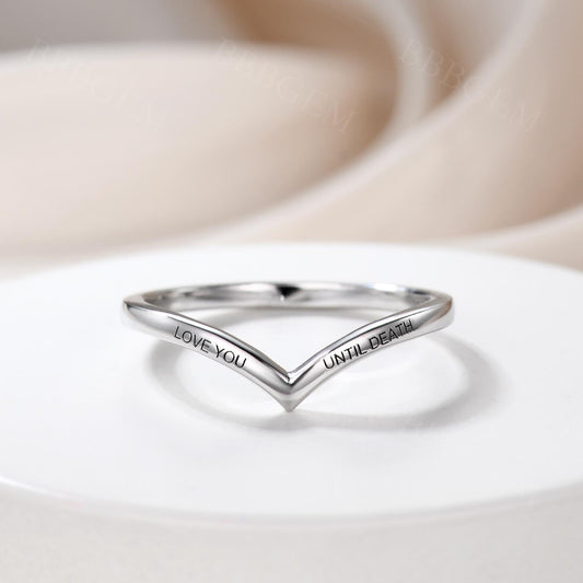 Engraved Ring Band White Gold for Couples Silver Band Ring Engraving Love V Shaped