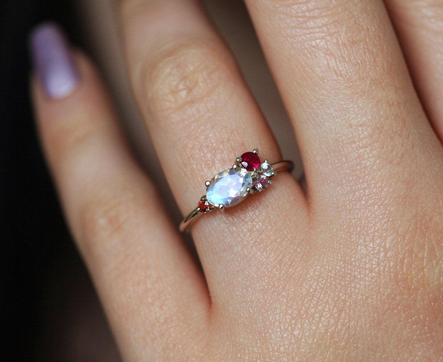 Lux Oval Moonstone Ruby Sapphires Garnet Cluster Ring
