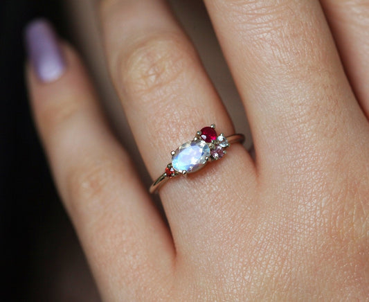 Lux Oval Moonstone Ruby Sapphires Garnet Cluster Ring