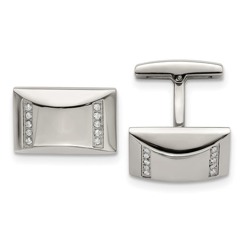 Stainless Steel & CZ Polished Rectangle Cuff Links, 19 x 13mm