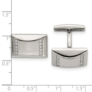 Stainless Steel & CZ Polished Rectangle Cuff Links, 19 x 13mm