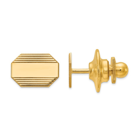 14K Yellow Gold Rectangular Octagon Striped Lapel or Tie Pin, 13 x 9mm