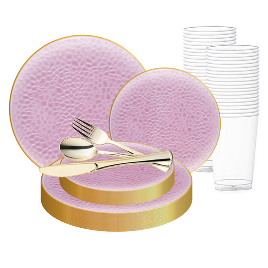 Clear Pink with Gold Rim Hammered Glass Disposable Plastic Wedding Value Set