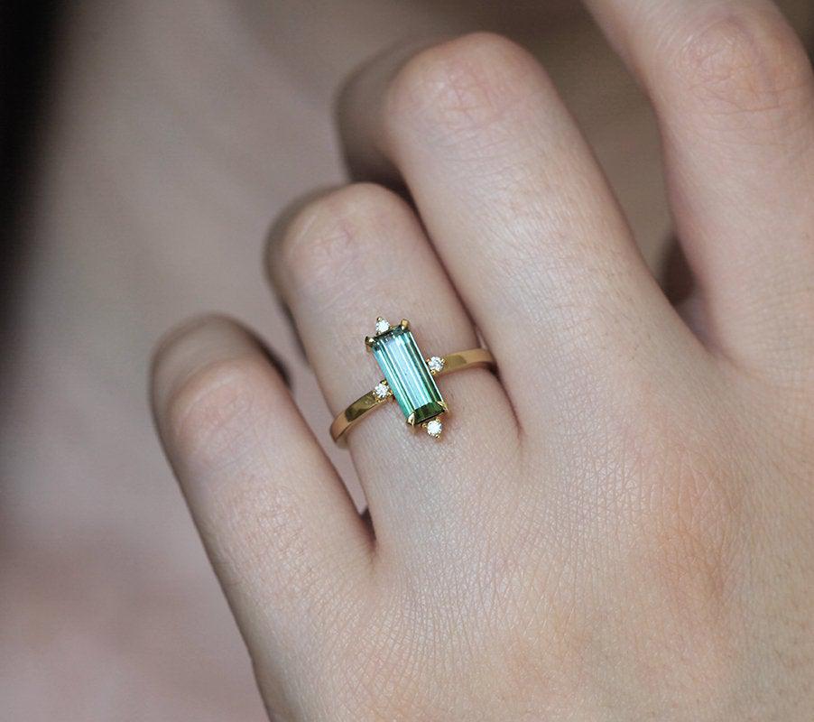 Margot Green Baguette Tourmaline Ring with Diamonds