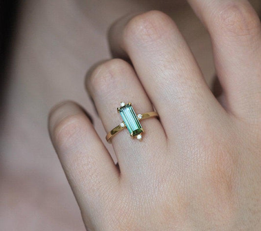 Margot Green Baguette Tourmaline Ring with Diamonds