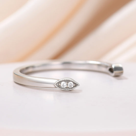 Double Natural Diamond Marquise Open Ring 14k White Gold Adjustable Diamond Open Cuff Ring