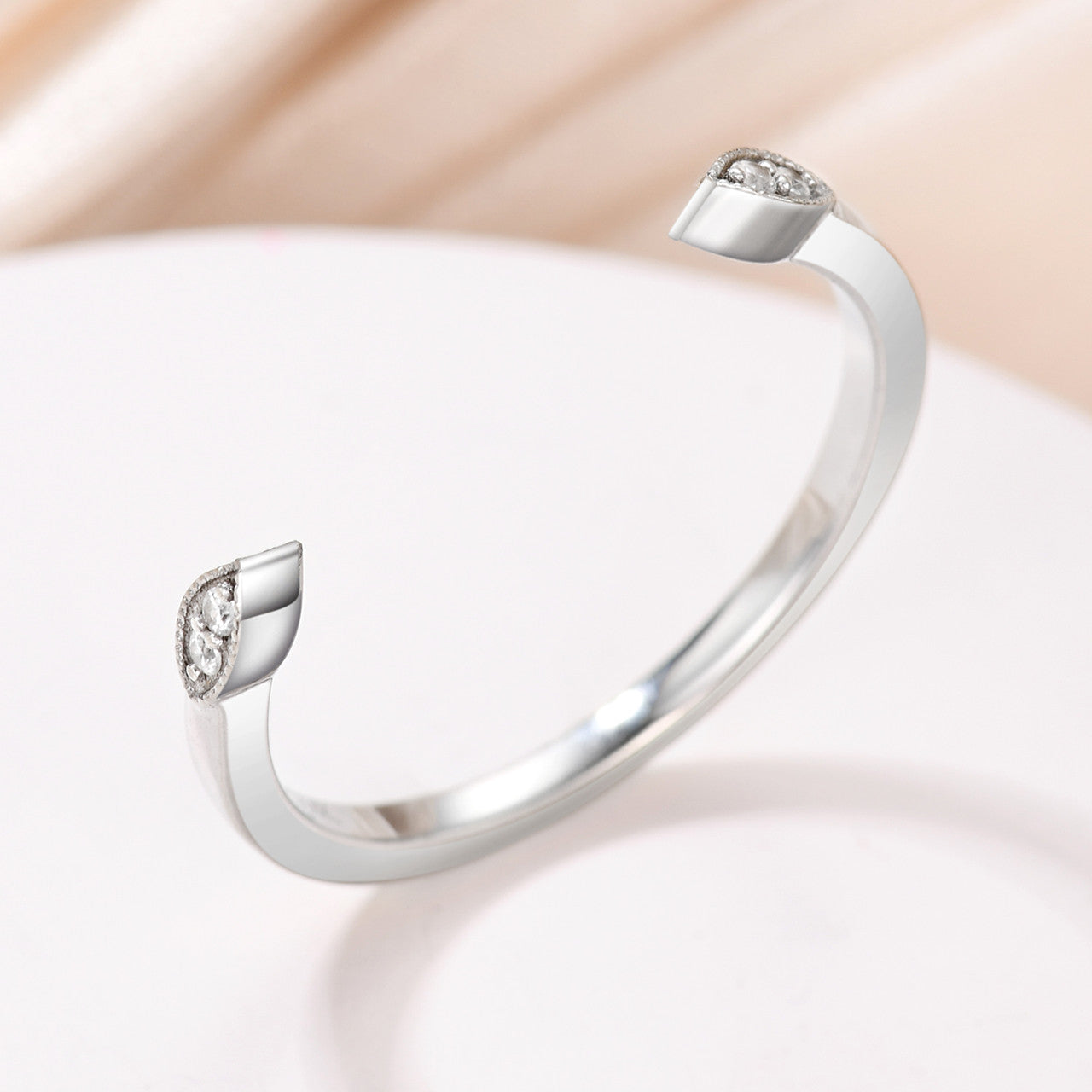 Double Natural Diamond Marquise Open Ring 14k White Gold Adjustable Diamond Open Cuff Ring