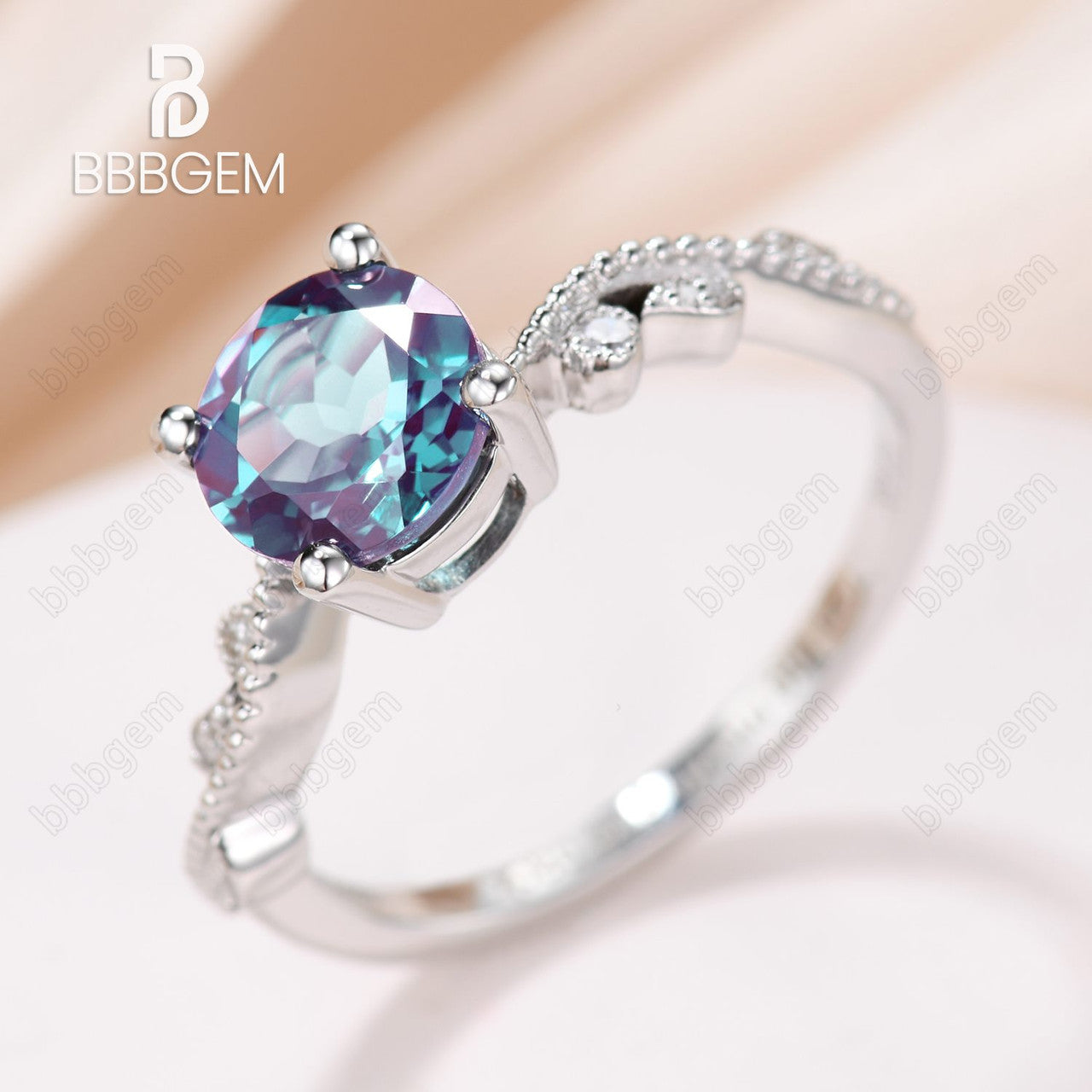 4 Prong Milgrain Round Alexandrite Engagement Ring Classic 1.2 Carat