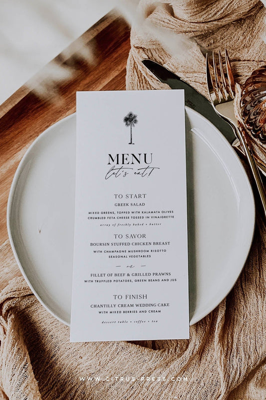 Minimal Tropical Wedding Menu | Printable Template