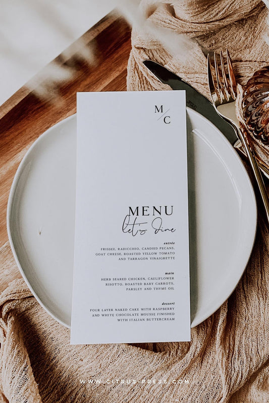 Modern Minimal Wedding Reception Menu | Marlowe