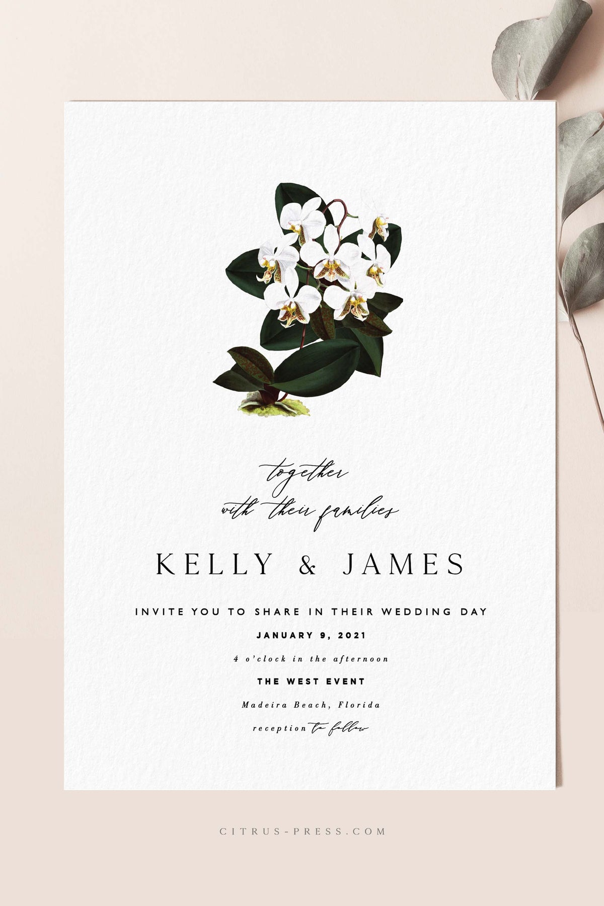 Botanical White Orchid Wedding Invitation | Kelly