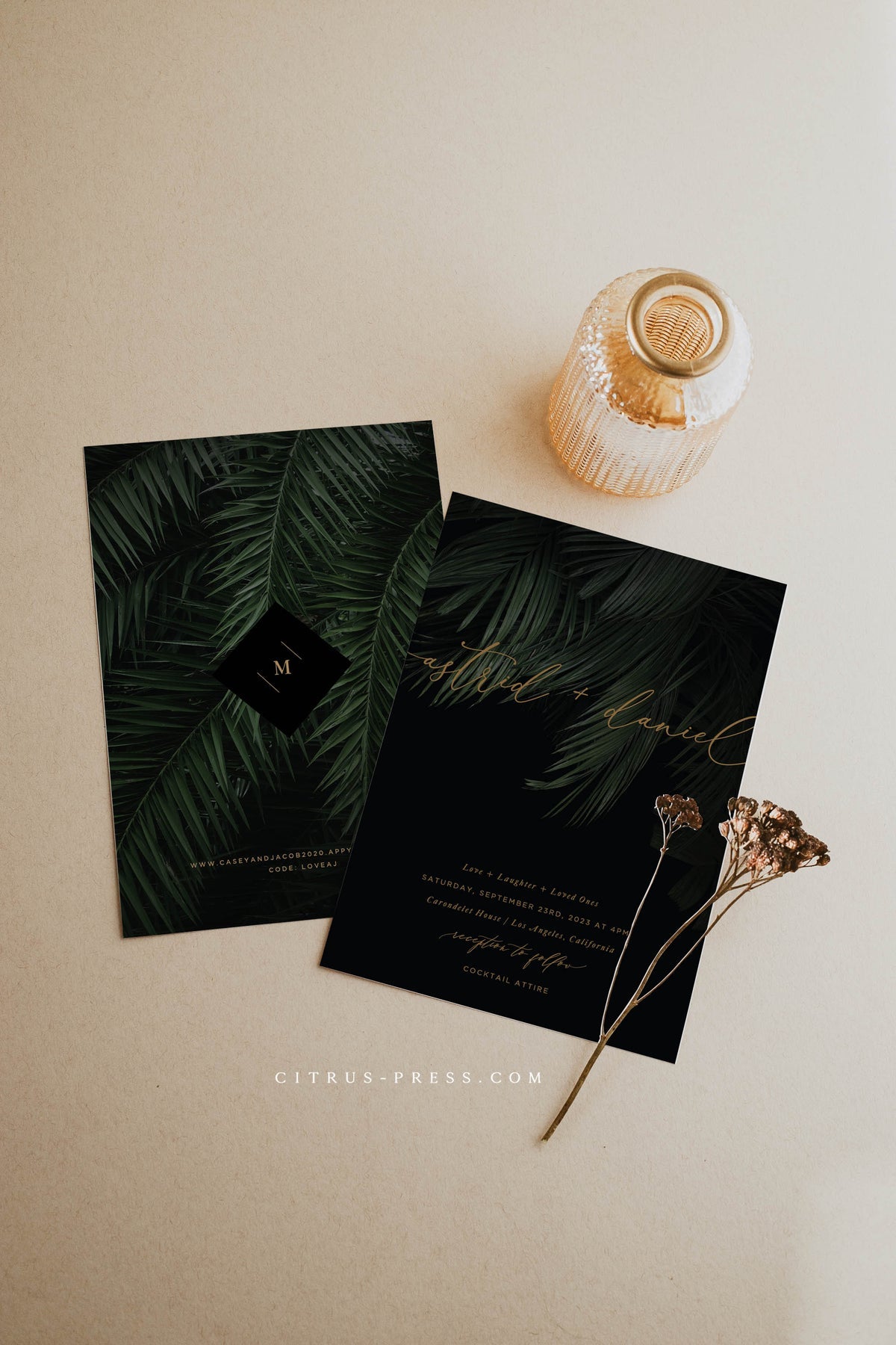 Dark Moody Tropical Wedding Invitation | Astrid