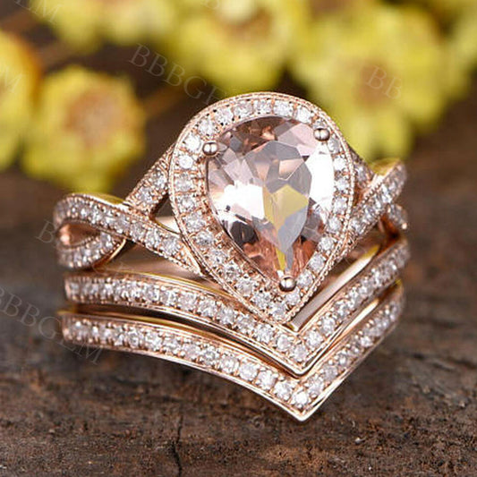3pcs Pear Pink Morganite Ifinity Bridal Ring Set in 18k Rose Gold 2.2 Carat