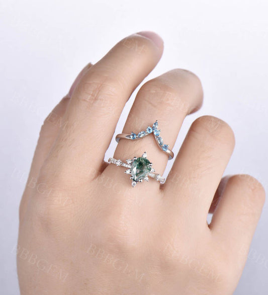 0.8CT Teardrop Moss Agate Engagement Ring Blue Topaz Stacking Band