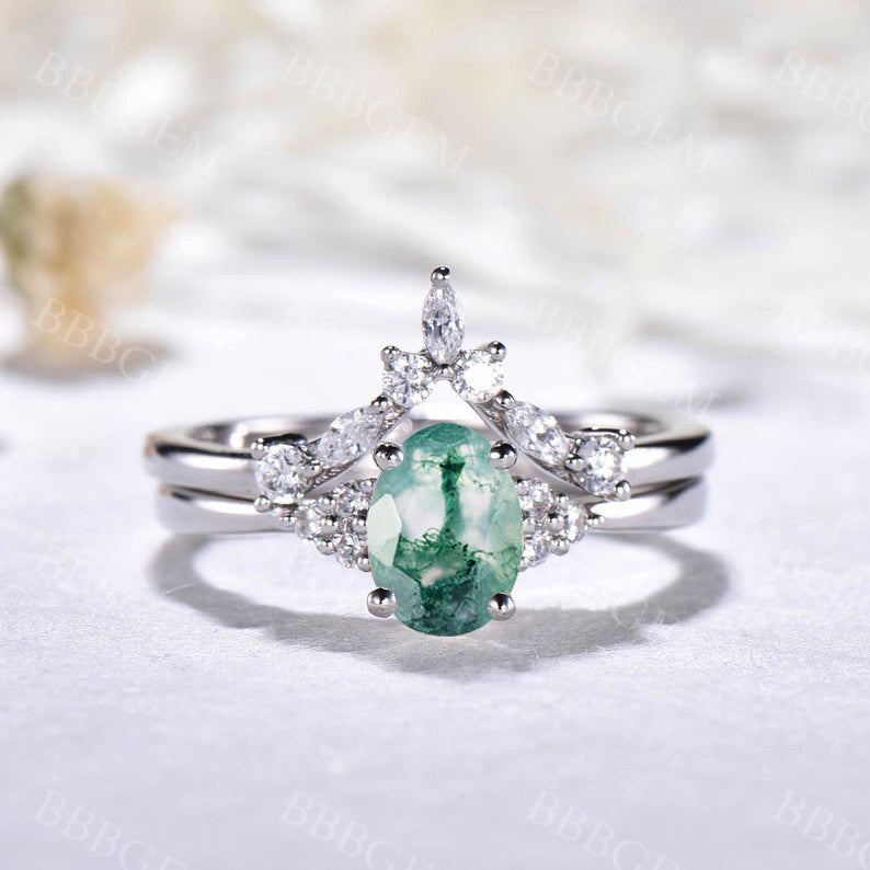 1CT Oval Cut Moss Agate Engagement Ring Set Moissanite Matching Band White Gold