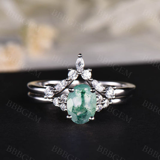 1CT Oval Cut Moss Agate Engagement Ring Set Moissanite Matching Band White Gold
