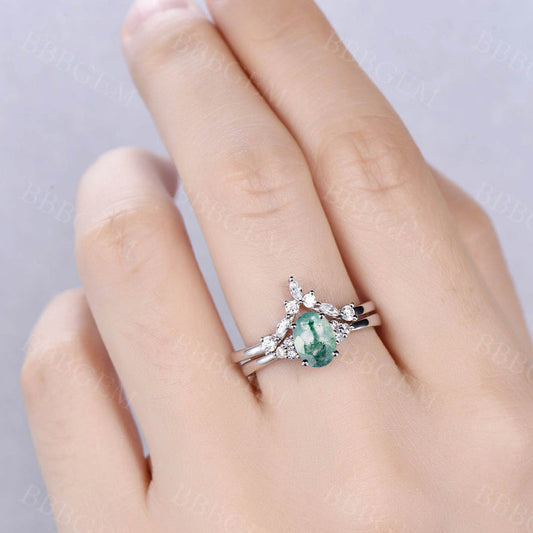 1CT Oval Cut Moss Agate Engagement Ring Set Moissanite Matching Band White Gold