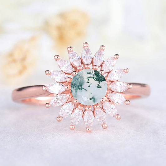0.5CT Sunflower Floral Round Cut Moss Agate Engagement Ring Diamonds Halo Ring Rose Gold