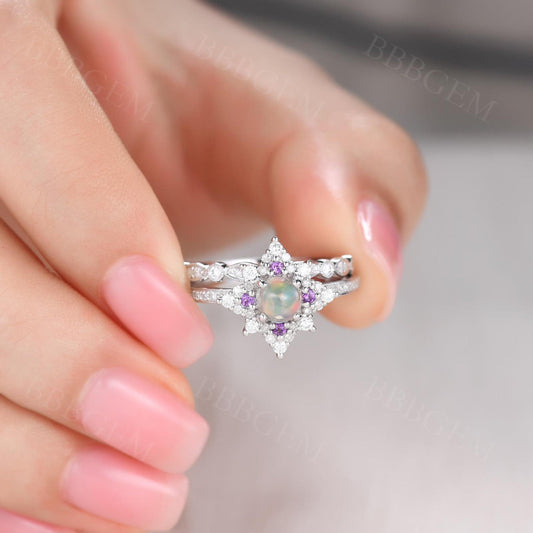 Fire Opal Engagement Ring Set Amethyst Diamond Opal Ring