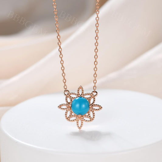 Flower Turquoise Rose Gold Charm Necklace Leaf Marquise Milgrain Dainty Solitaire Anniversary Mothers Day Gift