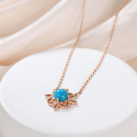 Flower Turquoise Rose Gold Charm Necklace Leaf Marquise Milgrain Dainty Solitaire Anniversary Mothers Day Gift