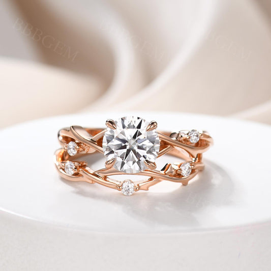 1.2CT Vintage Moissanite Engagement Ring Set Twig Vine Moissanite Wedding Band In Pink Gold