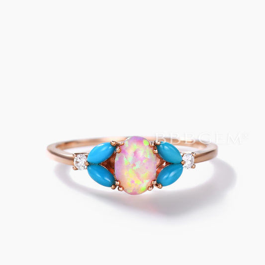 Floral Pink Opal with Marquise Turquoise Diamond Engagement Ring in Solid Rose Gold