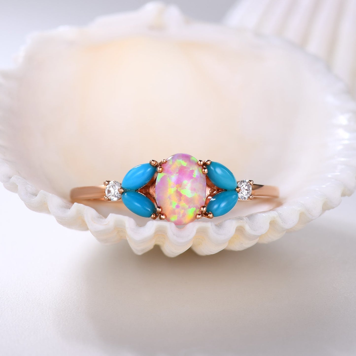 Floral Pink Opal with Marquise Turquoise Diamond Engagement Ring in Solid Rose Gold