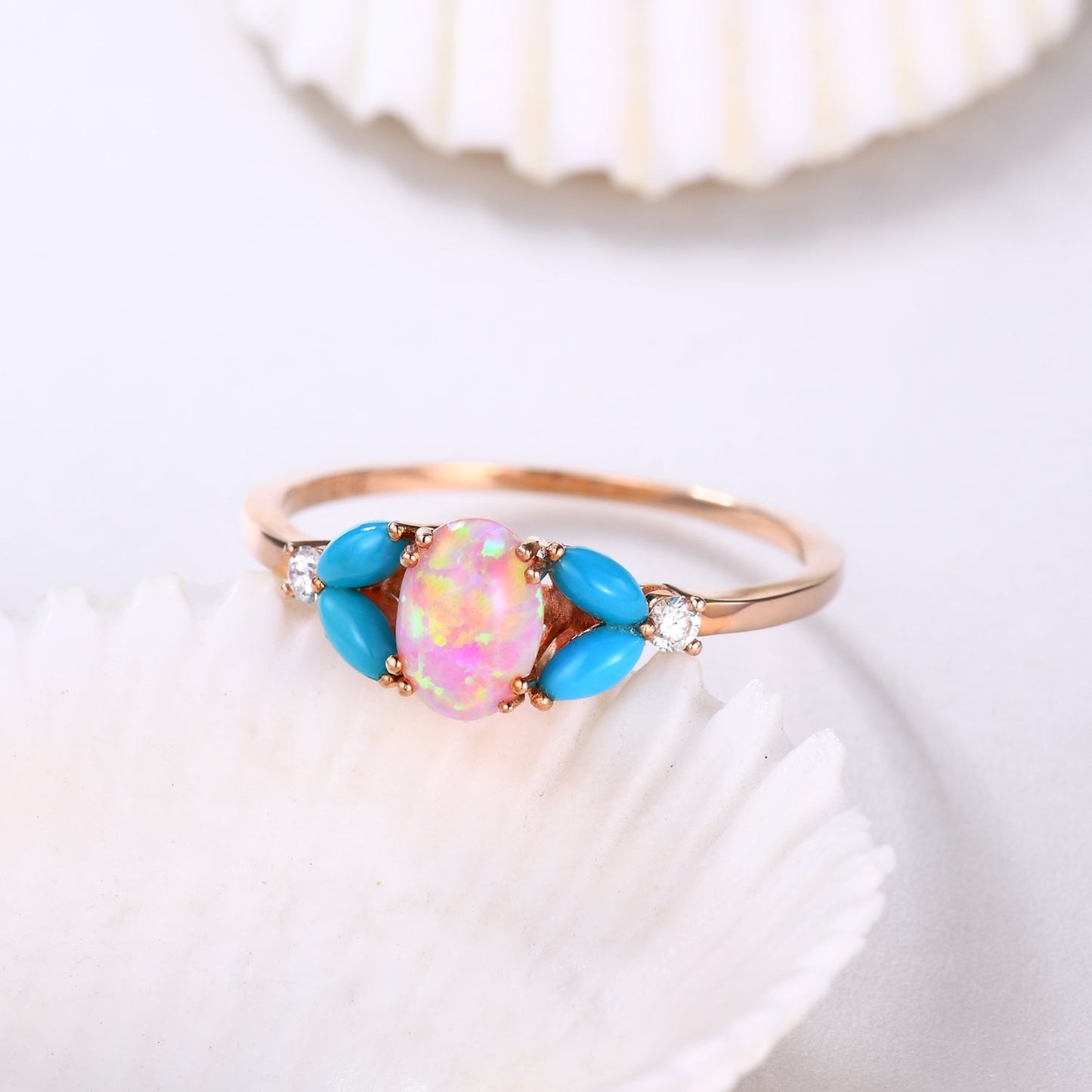 Floral Pink Opal with Marquise Turquoise Diamond Engagement Ring in Solid Rose Gold