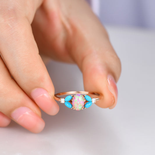 Floral Pink Opal with Marquise Turquoise Diamond Engagement Ring in Solid Rose Gold