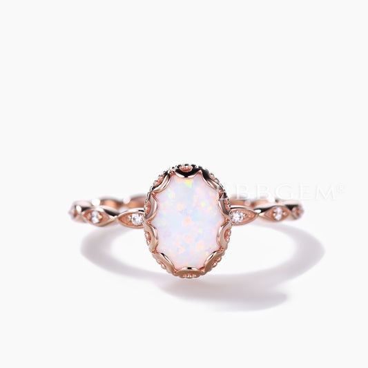 Filigree White Opal Bridal Ring Rose Gold Full Eternity Band Anniversary October Birthstone Gift