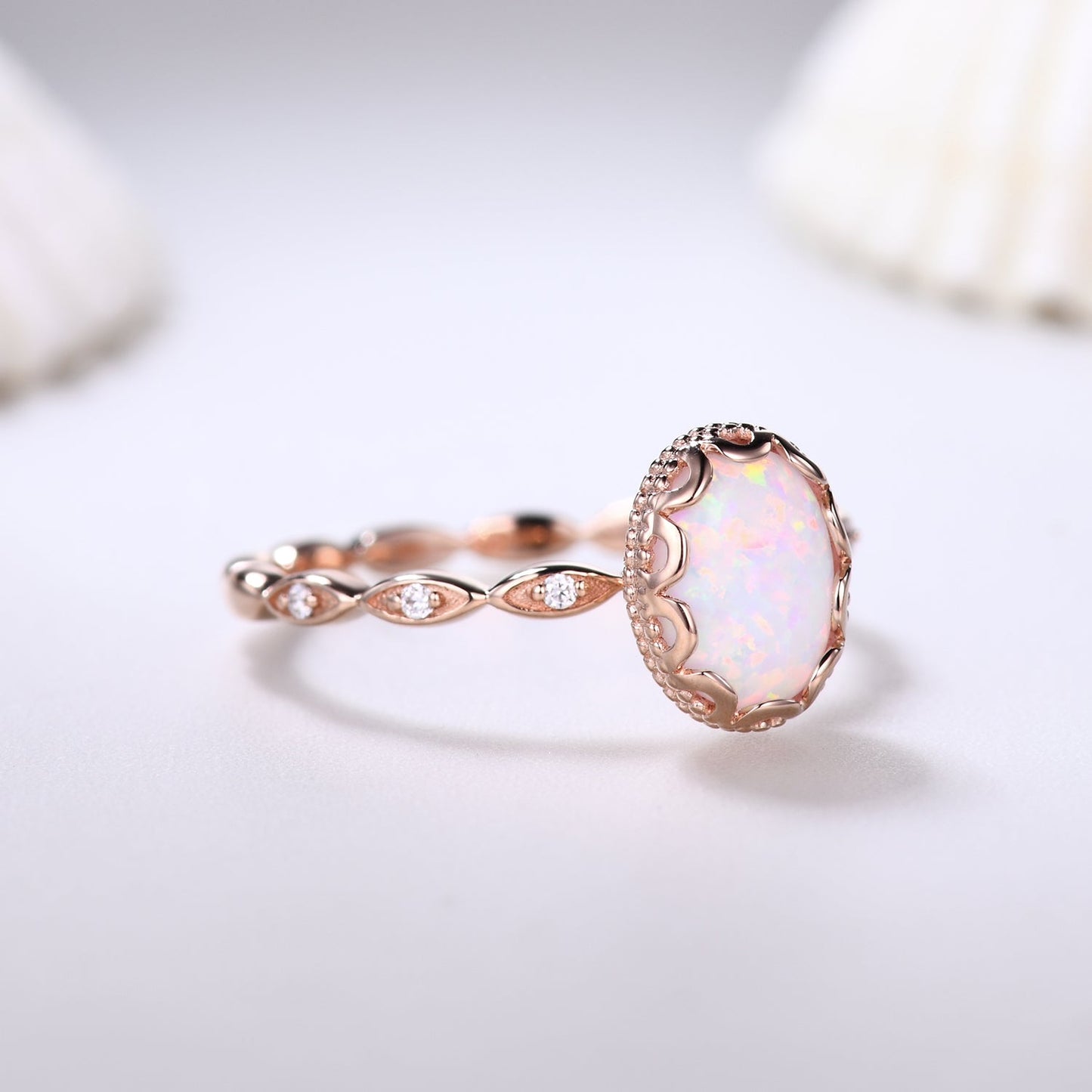 Filigree White Opal Bridal Ring Rose Gold Full Eternity Band Anniversary October Birthstone Gift