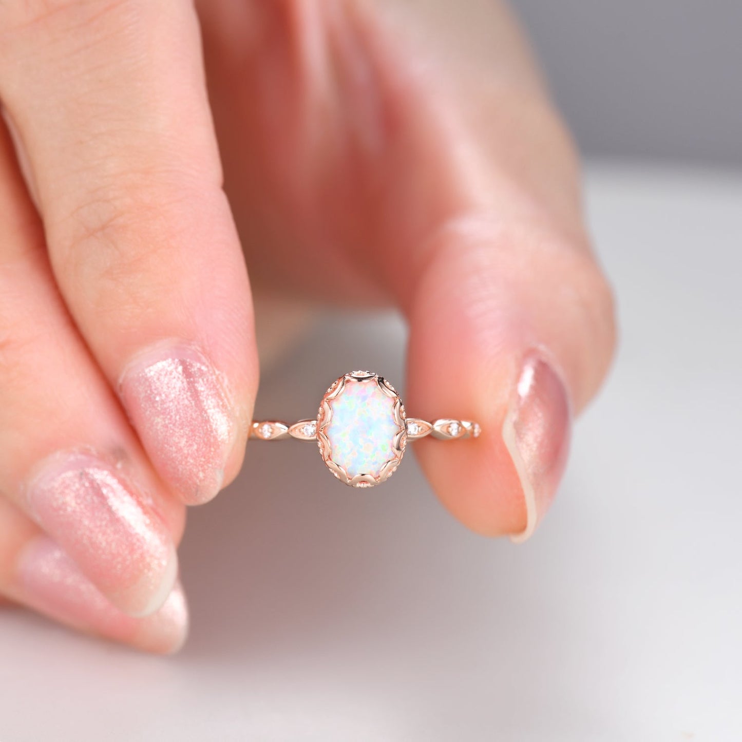 Filigree White Opal Bridal Ring Rose Gold Full Eternity Band Anniversary October Birthstone Gift